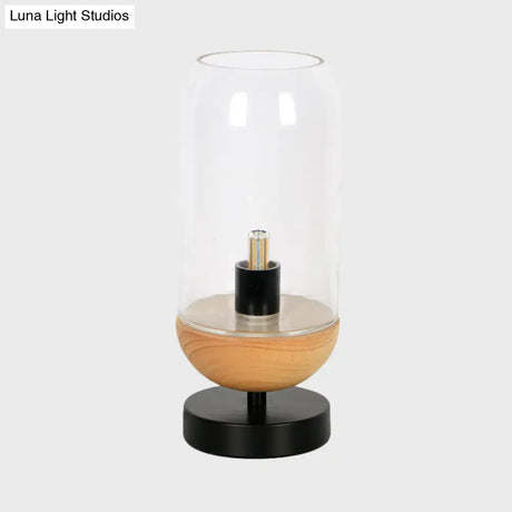 Sleek Led Table Lamp: Modern Black & Wood Cylinder Design With Clear Glass Shade