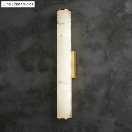 Sleek Marble Tube Led Sconce Light: Simplicity White & Brass Wall Lamp For Living Room