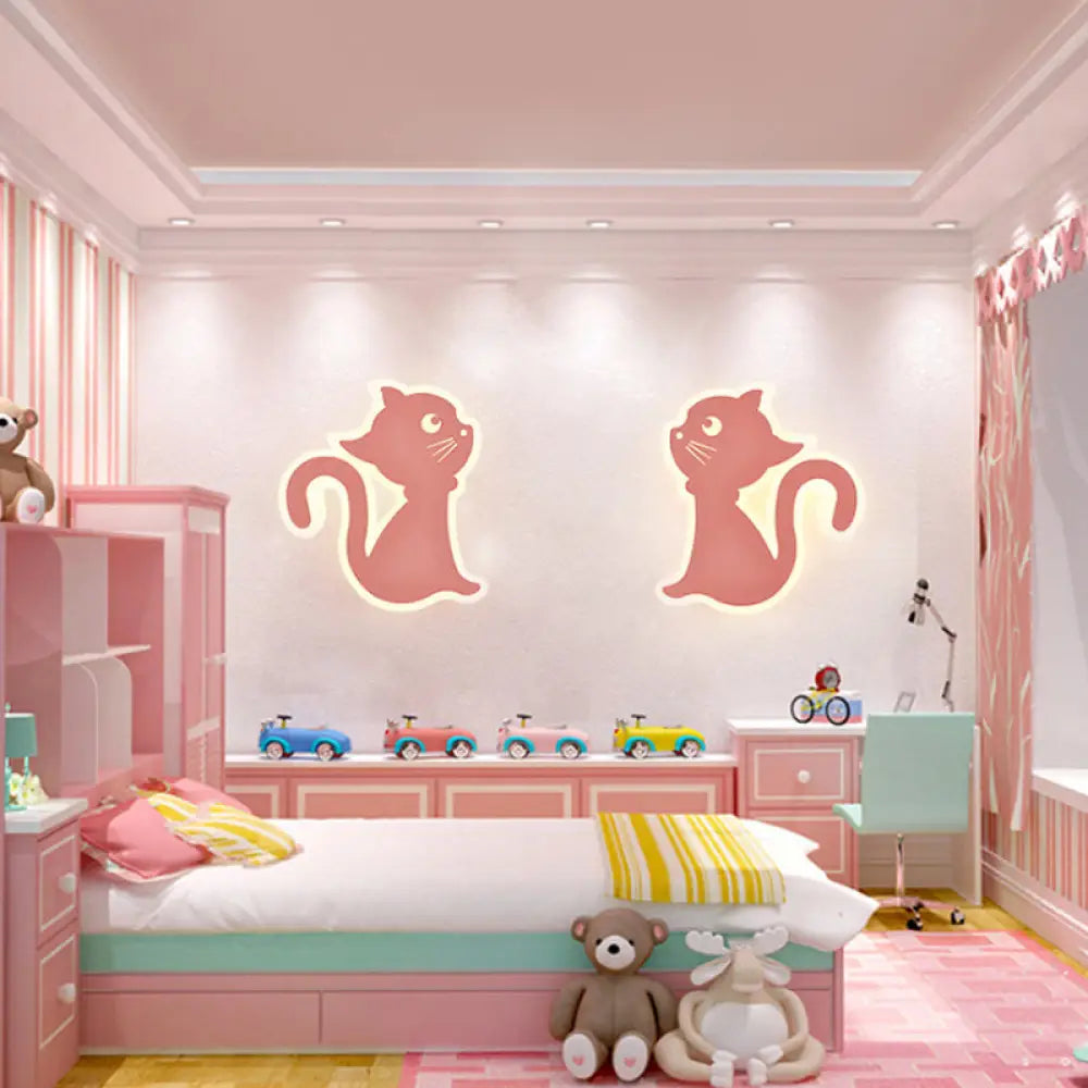 Sleek Metal Kitten Wall Light - Vibrant Macaron Colors For Bedroom Or Kindergarten Pink / Double