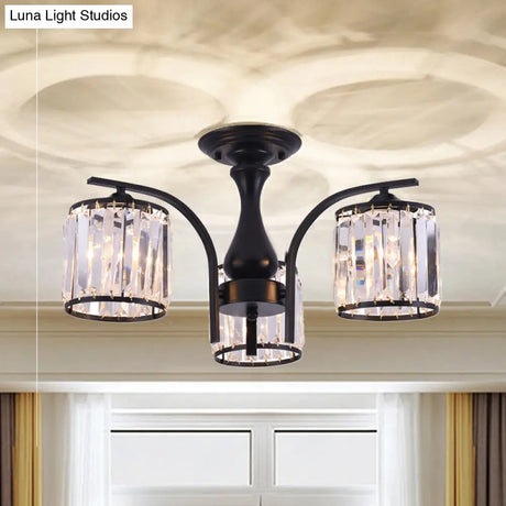 Sleek Nordic Metal Black Ceiling Light Fixture With Crystal Shade - Cylinder Semi Flush Mount 3/5