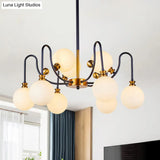 Sleek Opal Glass Pendant Chandelier - Modernist Spherical Down Lighting Black-Gold Finish 6/9 Bulb