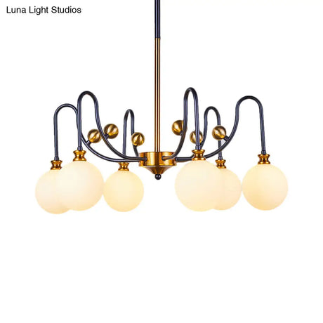 Sleek Opal Glass Pendant Chandelier - Modernist Spherical Down Lighting Black-Gold Finish 6/9 Bulb