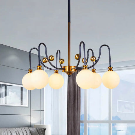 Sleek Opal Glass Pendant Chandelier - Modernist Spherical Down Lighting Black-Gold Finish 6/9 Bulb