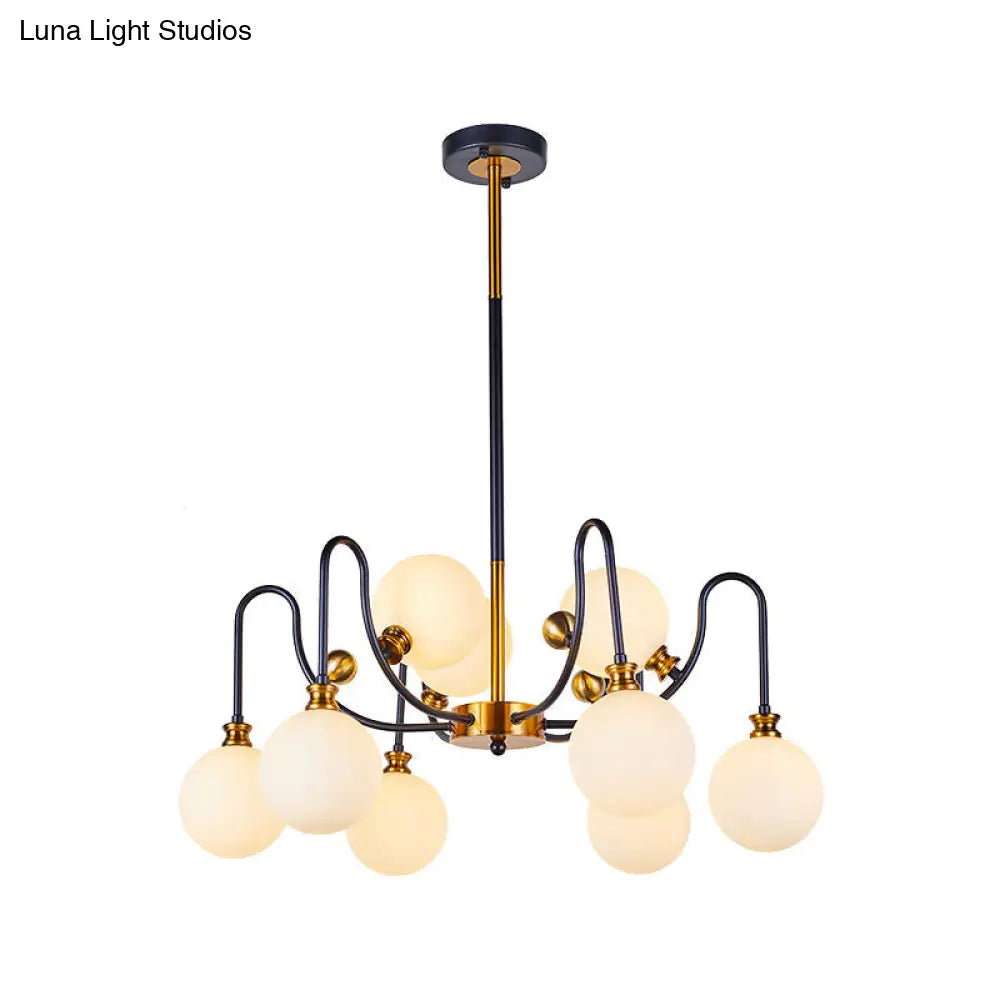 Sleek Opal Glass Pendant Chandelier - Modernist Spherical Down Lighting Black-Gold Finish 6/9 Bulb