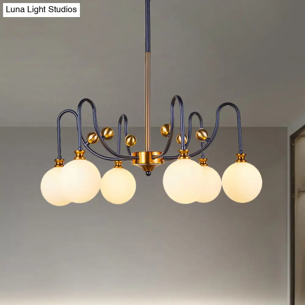 Sleek Opal Glass Pendant Chandelier - Modernist Spherical Down Lighting Black-Gold Finish 6/9 Bulb