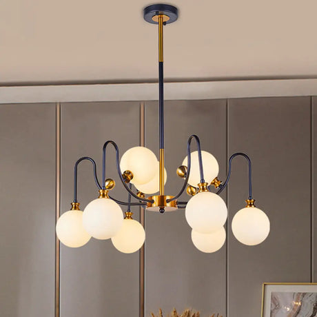 Sleek Opal Glass Pendant Chandelier - Modernist Spherical Down Lighting Black-Gold Finish 6/9 Bulb