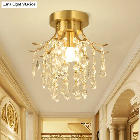 Sleek Raindrop Semi Flush Mount Ceiling Light: Postmodern Brass Fixture With Crystal Accent