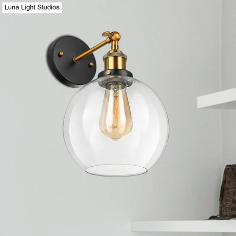 Sleek Spherical Brass Wall Light Fixture With Clear Glass - Industrial Style 1-Light Sconce Lamp For