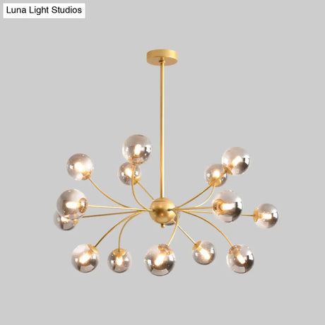 Sleek Spherical Chandelier: Postmodern Smoke Gray/Cognac Glass 15 Bulbs Gold Ceiling Fixture