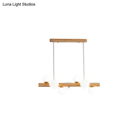 Sleek Wooden Led Ceiling Light: Linear Dining Room Island Chandelier With Cream Glass Shade