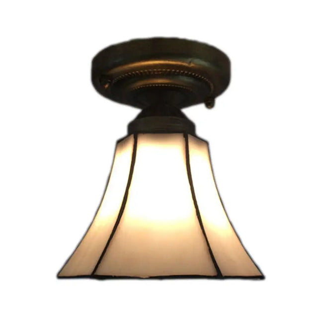 Small Antique Bronze Corridor Bell Ceiling Mount Light With Tiffany White Art Glass – 1 Head Lamp
