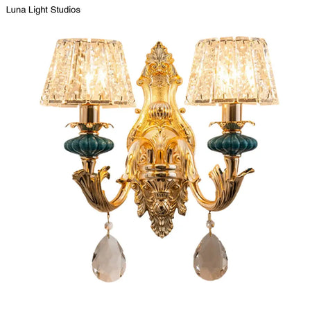 Small Gold Drum Wall Mount Traditional Seedy Crystal Bedroom Lamp Fixture