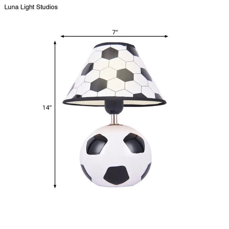 Soccer-Inspired Cartoon Night Lamp: White And Black Ceramic Table Light With Plastic Conic Shade