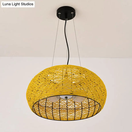 South-East Asian Rattan Curved Drum Ceiling Chandelier With 3 Heads - Lighting Fixture