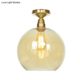 Spherical Brass Industrial Semi Flush Light: Clear/Amber Glass Ceiling Mount 8’/10’/12’ Wide