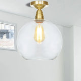 Spherical Brass Industrial Semi Flush Light: Clear/Amber Glass Ceiling Mount 8’/10’/12’ Wide