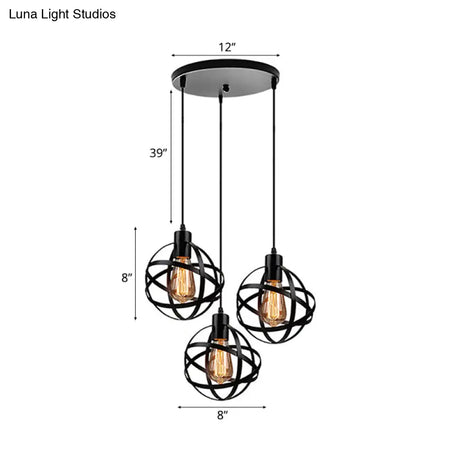 Spherical Pendant Light Fixture: Industrial Black Metal With Wire Guard - Perfect For Dining Room