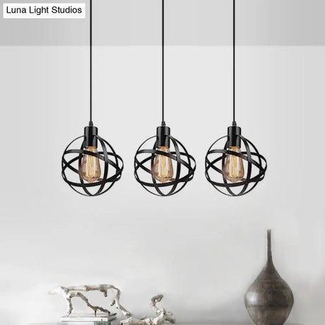 Spherical Pendant Light Fixture: Industrial Black Metal With Wire Guard - Perfect For Dining Room