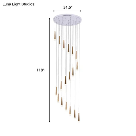 Spiral Design Gold Cone Pendant Light Fixture With 19 Minimalist Acrylic Bulbs - Stair Multi Lamp