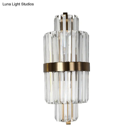 Spool Wall Sconce Light - Modern Faceted Clear Crystal Prism 2 Lights Brass Finish