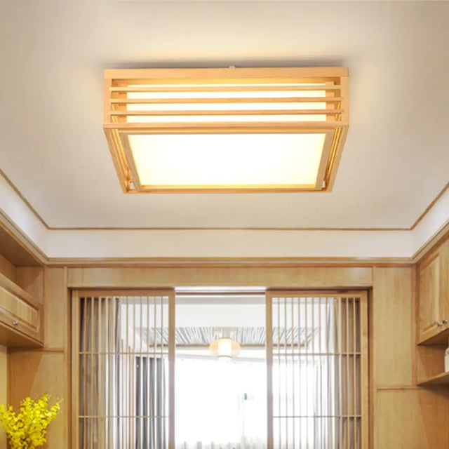 Square Acrylic Flush Ceiling Light - Asian Beige Led Fixture In Warm/White With Wood Frame