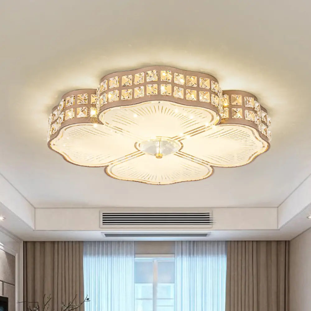 Square Champagne Flush Light With Peach Blossom Design - Contemporary Led Ceiling Lamp In 3 Sizes /