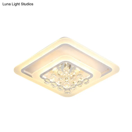 Square Crystal Led Flush Ceiling Light - 19.5’/23.5’/27.5’ Sizes Modern White Design