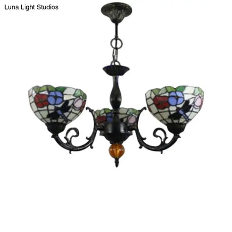 Stained Glass 3-Light Ceiling Pendant Chandelier - Retro Bowl Design With Dragonfly And Flower