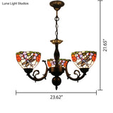 Stained Glass 3-Light Ceiling Pendant Chandelier - Retro Bowl Design With Dragonfly And Flower
