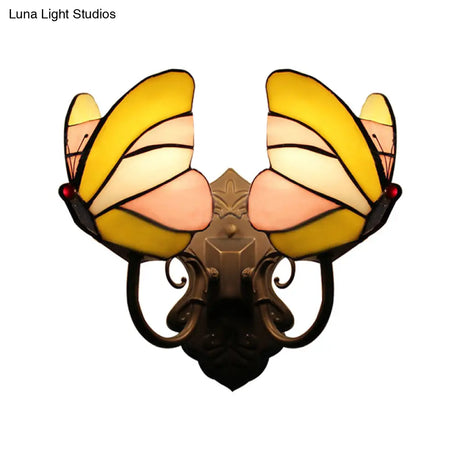 Stained Glass Butterfly Wall Sconce With Dual Lights For Living Room Décor