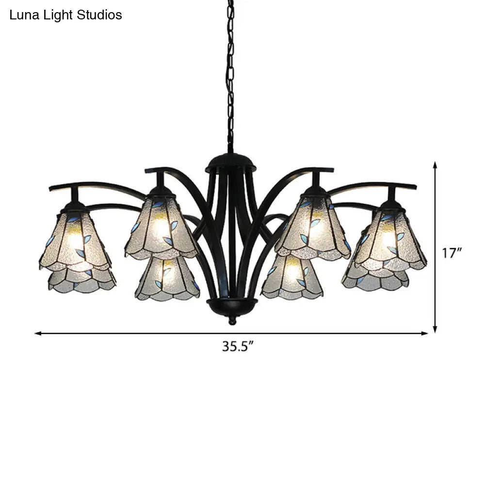 Stained Glass Cone Chandelier With Leaf Pattern - Traditional Ceiling Pendant Light In Blue/Green