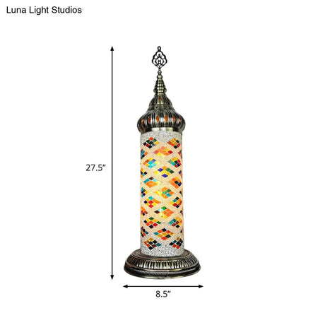 Stained Glass Cylinder Bedroom Table Lamp With Led Night Light - Traditional Design In