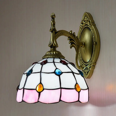 Stained Glass Dome Wall Light Fixture - Colorful Bead Tiffany Sconce Lamp Pink