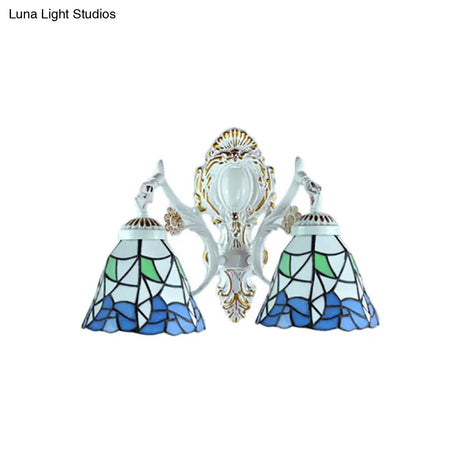 Stained Glass Flower Wall Sconce With 2 Bell Lights - Lodge-Inspired Fixture For Bedroom Lighting