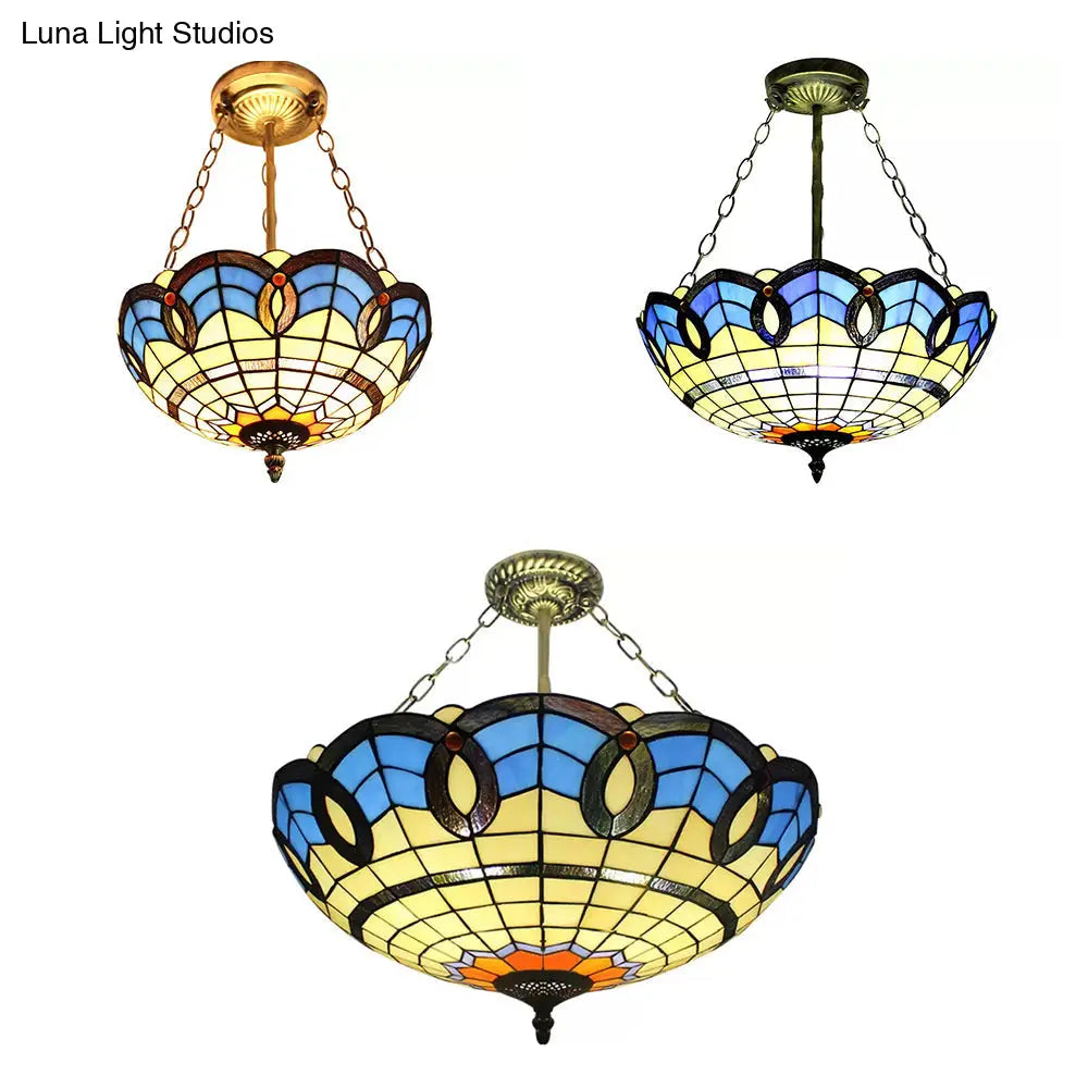 Stained Glass Inverted Ceiling Lamp - Tiffany Baroque Semi Flushmount Light In Beige/Yellow/Antique