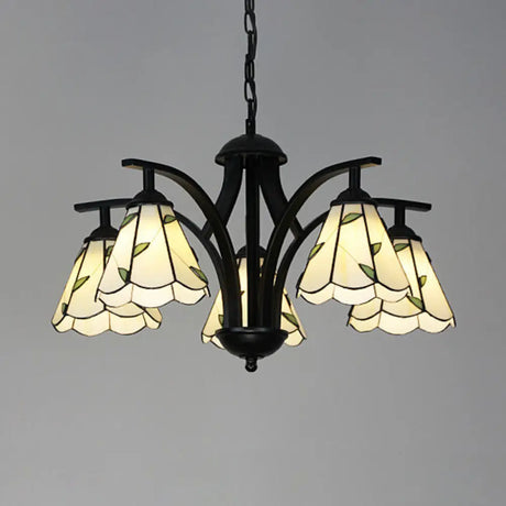 Stained Glass Leaf Chandelier With Adjustable Chain And Blue/Green Pendant Green