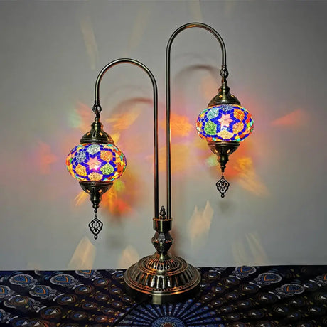 Stained Glass Night Light With 2 Heads In Traditional White/Yellow/Orange - Oval/Cup-Shape Bedside