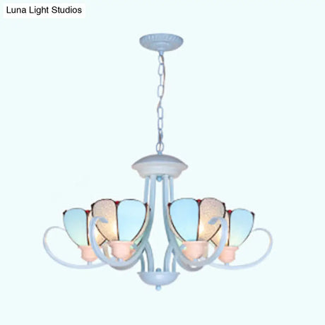 Stained Glass Petal Chandelier With Hanging Chain - Blue 3/6/8 Lights Modern Ceiling Light For Hall