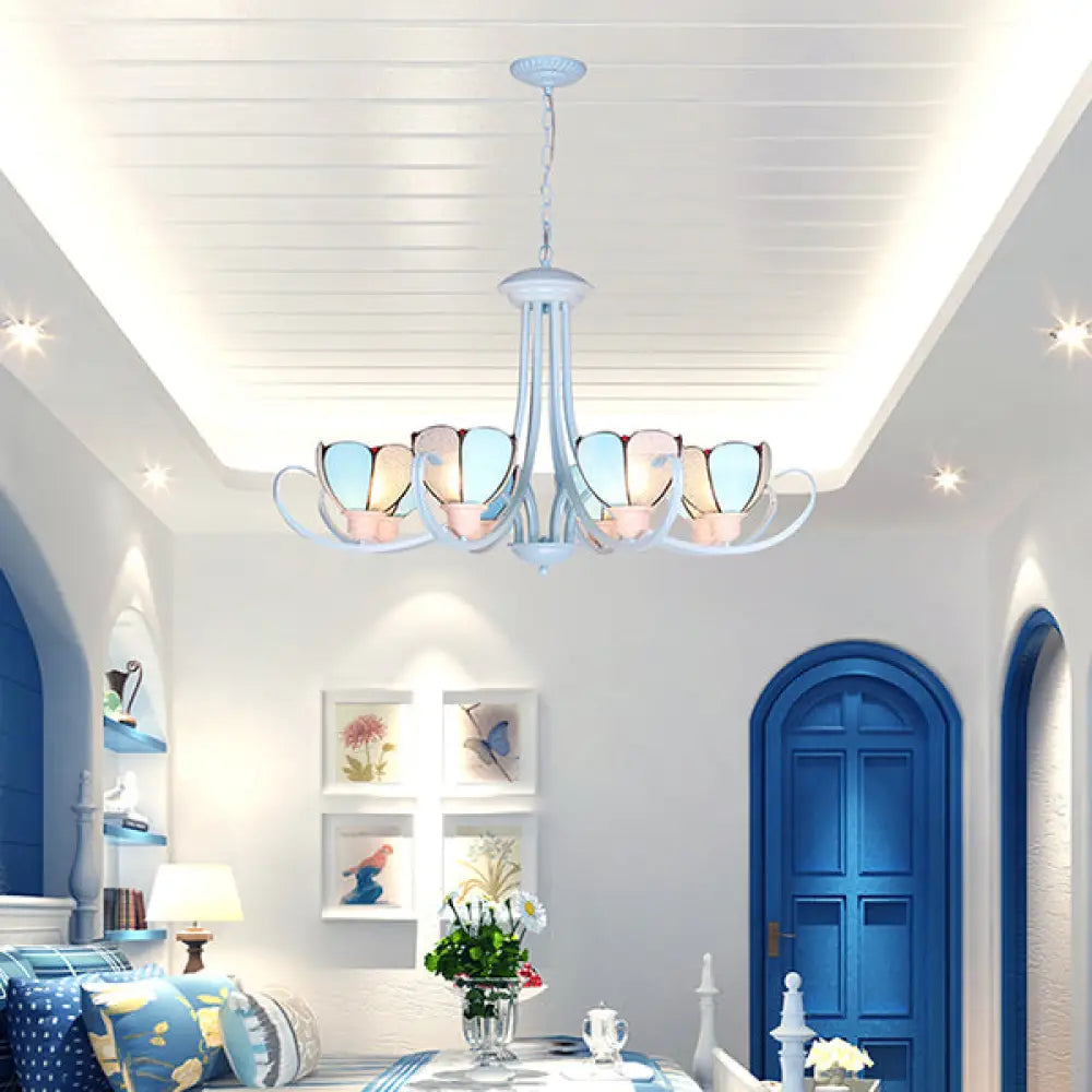 Stained Glass Petal Chandelier With Hanging Chain - Blue 3/6/8 Lights Modern Ceiling Light For Hall