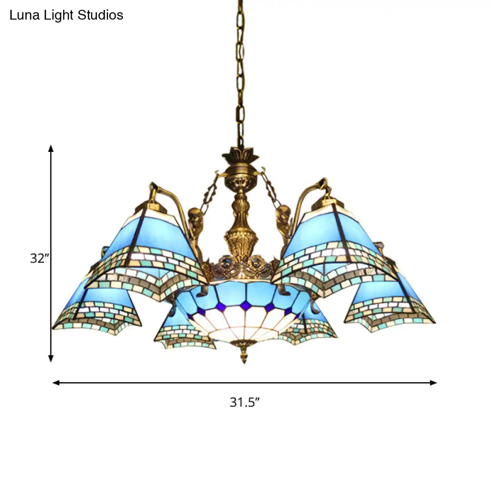 Stained Glass Pyramid Chandelier - 9-Light Mediterranean Fixture In Blue
