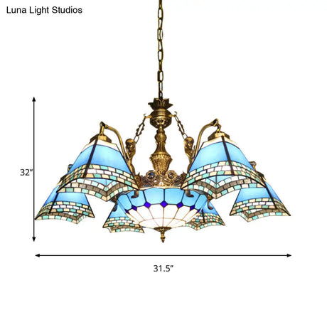 Stained Glass Pyramid Chandelier - 9-Light Mediterranean Fixture In Blue