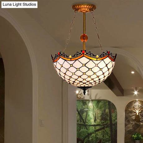 Stained Glass Semi Flushmount With Scalloped Inverted Design - 3 Lights For Traditional Living Room