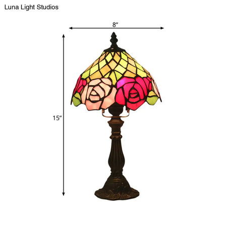 Stained Glass Table Night Light With Rose Pattern - Dark Coffee 1 Bulb Mediterranean Style