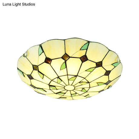 Stained Glass Tiffany Ceiling Light Fixture - 3 Bulbs Bowl Flush Lighting For Living Room