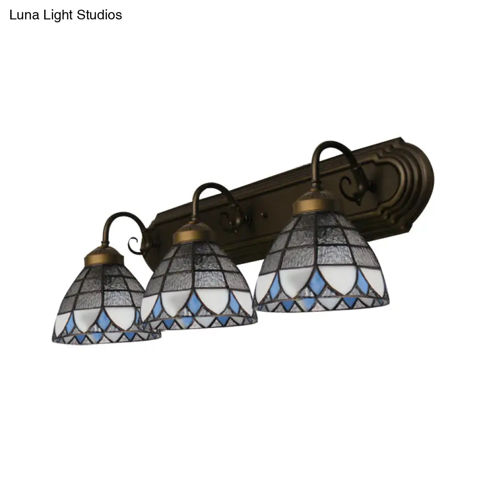 Stained Glass Vintage Vanity Light - Dome Wall Mount With Curved/Arc Arm 3 Lights For Bathroom