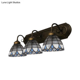 Stained Glass Vintage Vanity Light - Dome Wall Mount With Curved/Arc Arm 3 Lights For Bathroom