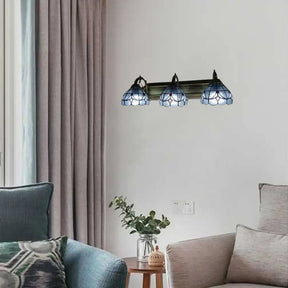 Stained Glass Vintage Vanity Light - Dome Wall Mount With Curved/Arc Arm 3 Lights For Bathroom Blue