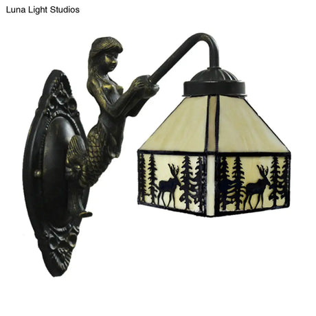 Stained Glass Wall Mount Light With Mermaid Decoration - Retro 1-Light Small House Lighting
