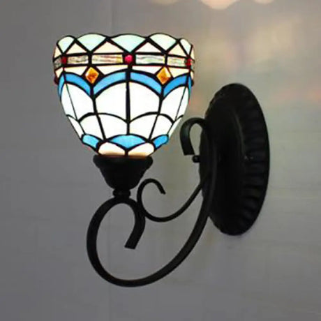 Stained Glass Wall Sconce With 1 Light In White/Brown/Blue For Corridor Blue
