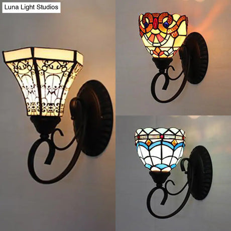 Stained Glass Wall Sconce With 1 Light In White/Brown/Blue For Corridor